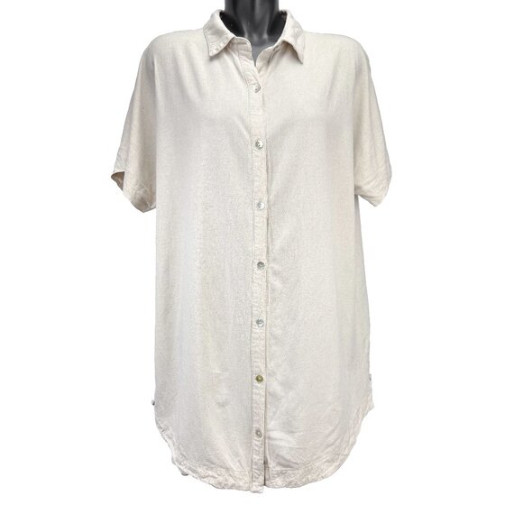 RHYTHM. Classics Linen Blend Mother of Pearl Short Sleeve Sand Shirt Dress L - Picture 1 of 4